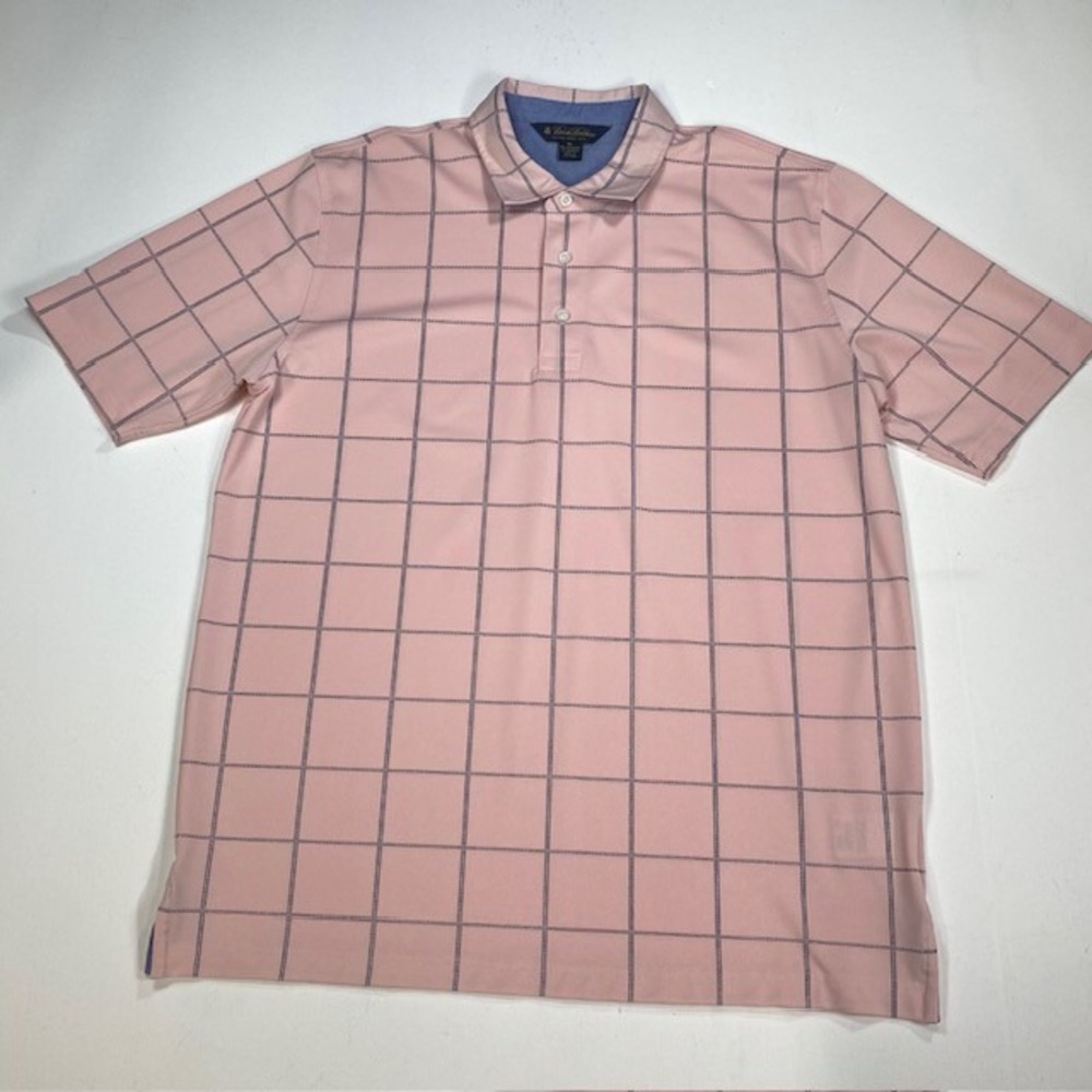 Brooks Brothers Mens XL Pink Windowpane Check Performance Polo Shirt Logo Sleeve